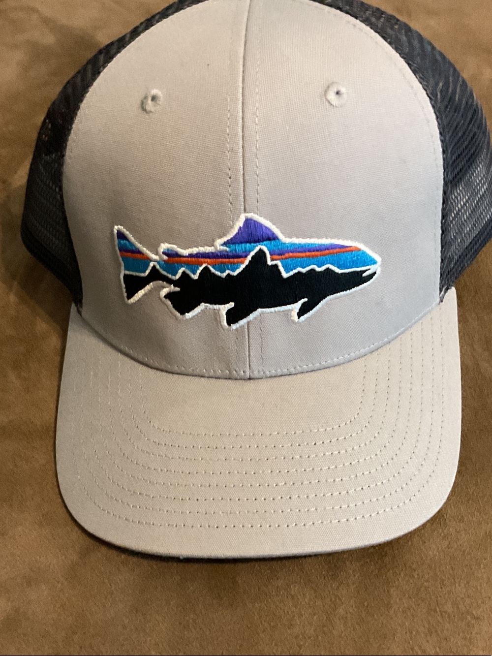 Patagonia Gray & Black Trucker Hat with Multicolor Fish Patch